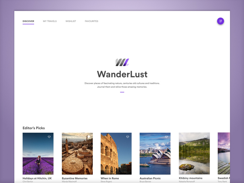 Home screen - WanderLust location places logo website travel wanderlust grid home