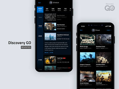 Discovery Go app - revisited calendar channel dark theme discovery discoverygo grid iphone x list schedule tvshow ui