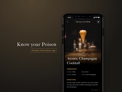 Know your poison - alcohol information app brandy champagne cocktail dark drink information iphone x scotch vodka