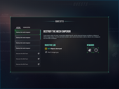 Quests screen for PC game aesthetic blue design game game design graphic design gui icon sci fi ui ux