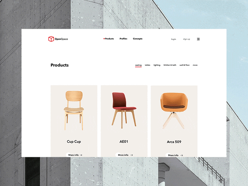 OpenSpace: Navigation To Detailed Products Page aniamtion architechture beauty branding clean design fashion minimal minimalism ui ux