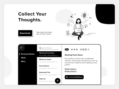 Notes Application - Landing Page app application black white blackandwhite illustration ipad landing page landing page ui landingpage mobile mobile app mobile ui monocromatic note taking notes notes app ui uidesign ux web design