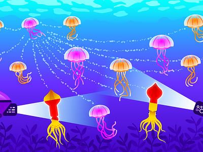 Detecting Application Abuse Editorial Illustration data datadog editorial flat hero image illustration jellyfish monitoring network network map ocean sea squid submarine submersible undersea underwater vector