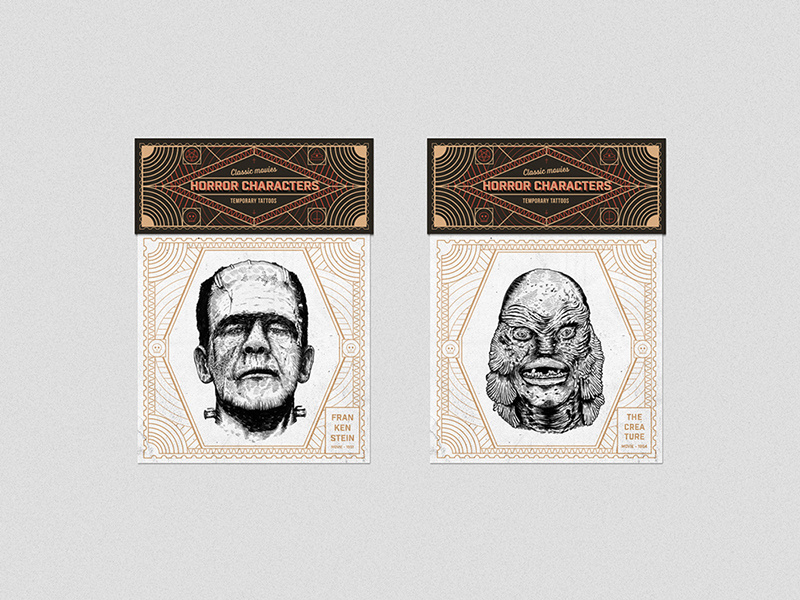 Horror Characters - temporary tattoos horror caracters temporary tattoos frankenstein the creature print packaging illustration drawing design graphic designs logo