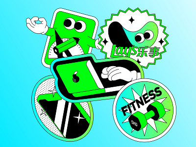 Stickers chips design fitness flat gradient illustration illustrator laptops phone promotions stationery vector