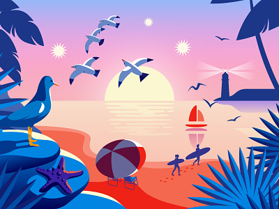 Summer Time Sunset beach flat gradient illustration illustrator landscape light ocean sea，vacation， sunset vacation vector