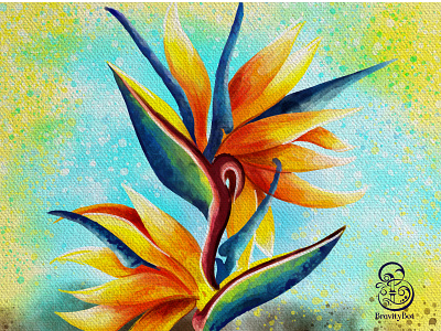 Digital Watercolor painting of Bird of Paradise flower