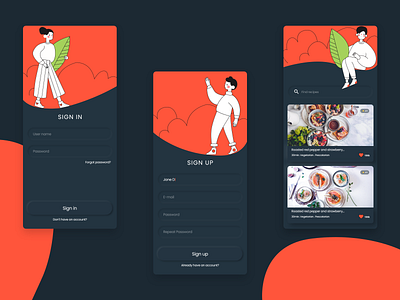 Recipe Mobile APP app clean design flat illustration ios layout minimal mobile modern neomorphism red signin signup typogaphy typography ui ux