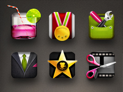 Icons Application2 cocktail icons medal scissors star suite tools video