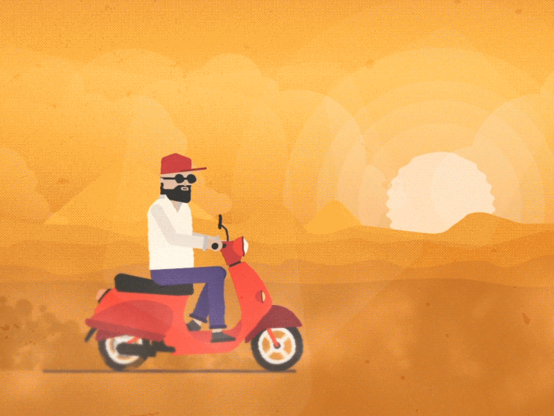 Desert ride animation beard camera car desert drive dust hipster ride scooter sun