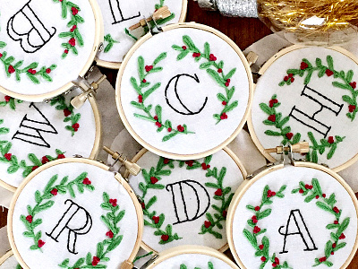 Embroidered Christmas Ornaments christmas embroidery lady scrib stitches lettering ornament presents sketch to stitch
