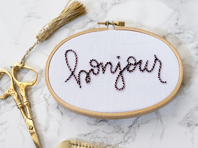 Bonjour! bonjour embroidery handmade lady scrib stitches lettering