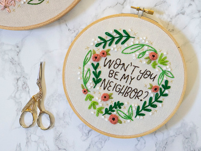 Won't you be my neighbor? embroidery hand lettering handmade lady scrib stitches lettering quote sketch to stitch