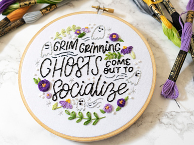 Grim Grinning Ghosts disney embroidery hand lettering handmade haunted mansion illustration lady scrib stitches lettering sketch to stitch