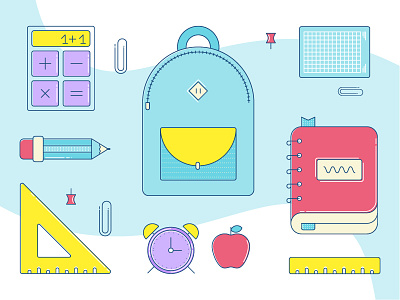 Back to School children colorful flat icon illustration outline school stroke