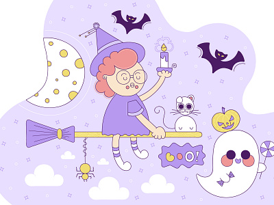 Cutest Halloween is Coming autumn cat celebration clipart colorful cute ghost halloween illustration line moon outline pumpkin trick or treat vector witch