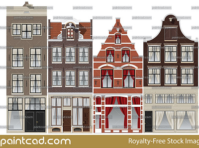 Canal houses with different gables. Set of 4 Amsterdam facades bell gable building clock gable cornice gable step gable