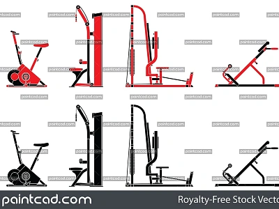 Vector set with fitness icons in red-black and black contour bodybuilders equipment fitness gym heavy athletes sport stationary bicycle tools training vector icons web design