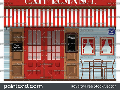 Exterior facade of cafe in retro style with name ROMANCE architecture bistro business cafe cafe branding city coffee coffeehouse confectionery elevation exterior facade retro romance store urban vector illustration