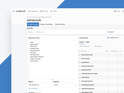 Serpbook - Add keywords app dashboard data google google maps keywords search engine optimizing seo serp tracking ui ux uxui web youtube