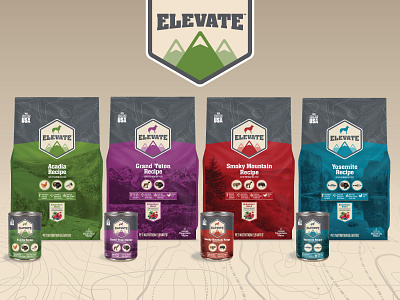 Elevate Dog Food acadia dog dog food elevate grand teton graphic design national parks packaging pet smoky mountain yosemite