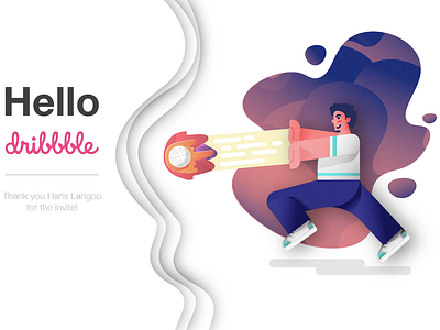 Hello Dribbble character design first shot flat haduken illustration minimal paper cut ui vector