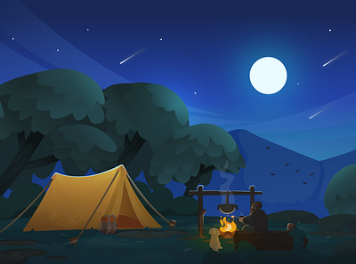 Camping at night background bag calm camp camper design dog draw explorer fire illustration illustrator moon nature night tent ui