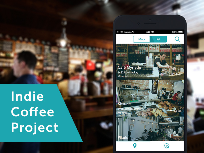 Indie Coffee Project montreal developer unsplash hipster independent location app teal ui ux coffee