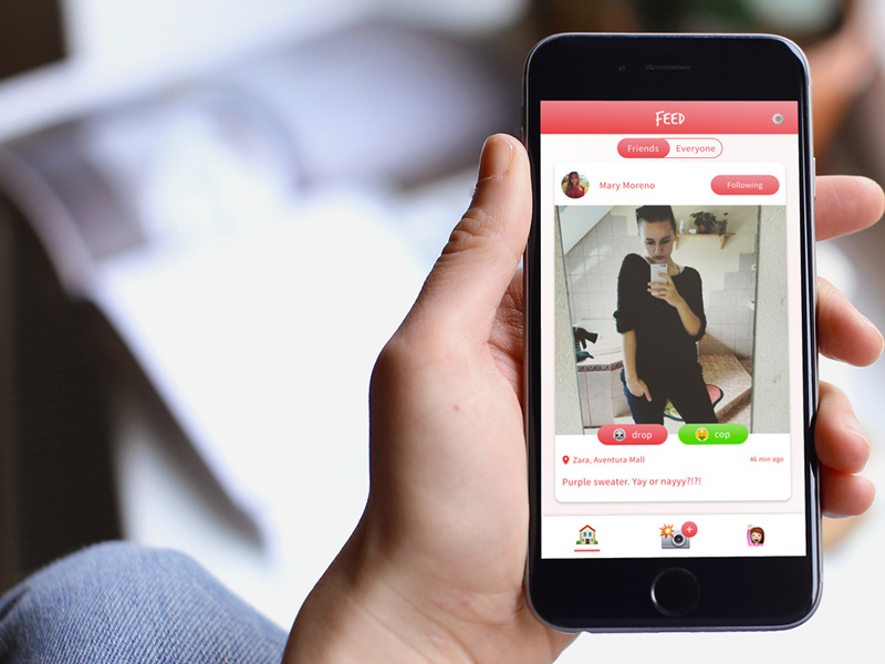Social shopping app mobile mockup emoji nav emoji gradient red shopping social feed ux ui app