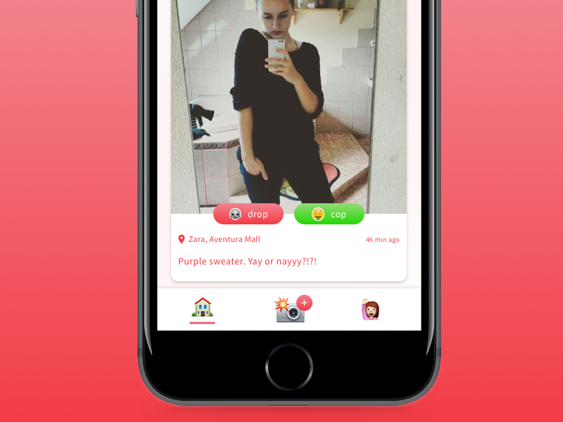 Cop or drop – Emoji Nav photos photo camera swipe feed social shopping gradient app mobile emoji