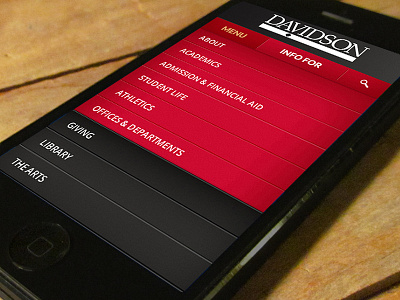 Davidson College Navigation clean dropdown ed higher interface mobile navigation pushdown menu red responsive rwd ui