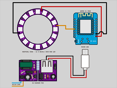 Wiring for DIY Hue Lamp arduino board cables circuit diy esp8266 hue illustration led micro mini neopixel open source pcb rgb simple usb wemos wifi wiring