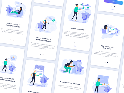 Illustration & Explainer Screens for GROW Super dailyui explainer grow super illustration insurance ios minimilist mobile app registration startup superannuation ui ux