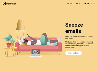 Landing page branding couch email illustration landing page productivity snooze ux vector yellow