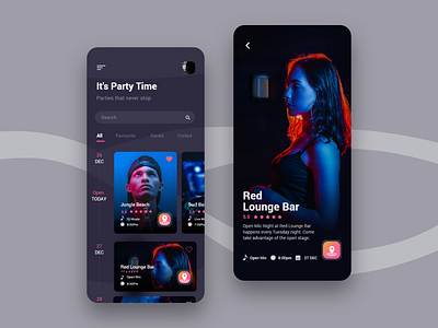 Keep parties closer concept dark theme design event app its party time party app party locator search parties timeline ui ui ux ui design