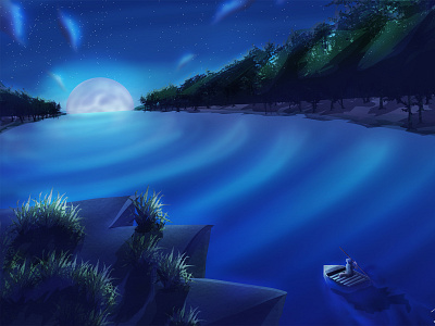 Tranquil River Cruise blue boat calm illustration moon peaceful river