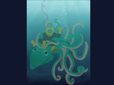 Deep Sea Cowboy cowboy deep sea design digital drawing giant squid graphic design illustration scuba diver scuba diving squid under water underwater vector