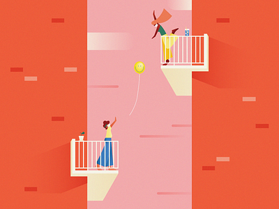 Thinking of you 2d apartment balcony balloon city coronavirus covid covid19 design flat illustration minimal neighbor pandemic quarantine sky smile social distancing stay home vector