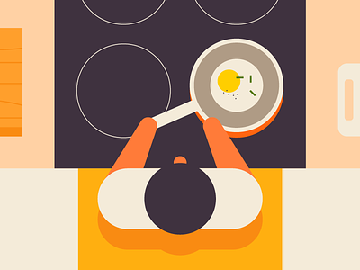 Breakfast 2d activism breakfast cook cooking counter egg flat food fried home illustration kitchen minimal overhead pan person stove vector