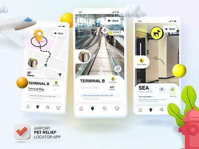 📱✈️🐶 Mobile Travel App - Airport Pet Relief Locator with AR/AI 3d ai airport ar artificial intelligence artificial reality dogs graphic design illustration mobile app mobile interface pets travel travel app ui user interface virtual reality vr