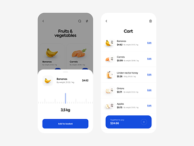 Grocery app - sliding bar & cart app basket cart clean design grocery grocery app interface ios mobile mobile app simple swipe ui uidesign uiux ux uxdesign vegetables weight