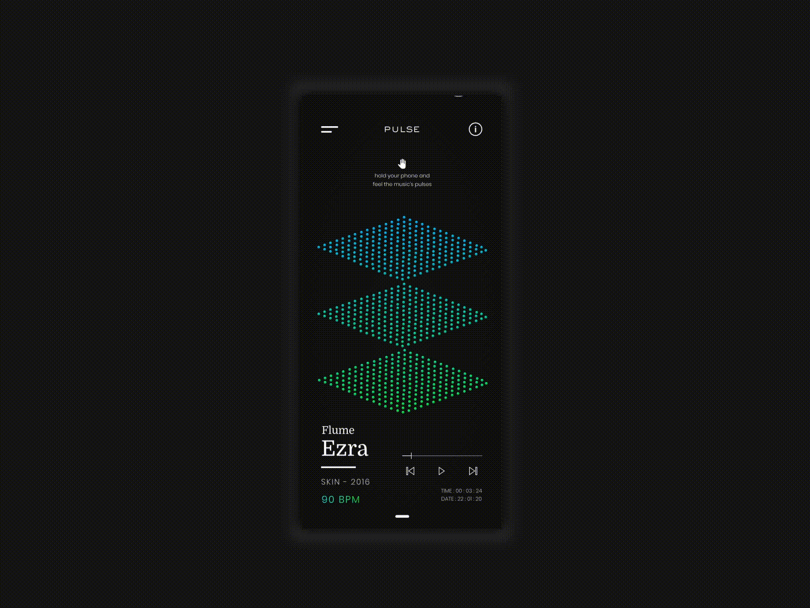 PULSE app bleu colors dark ui designs digital gradients iphone minimal mobile music music player neumorphism player round shadow skeuomorphic ui uiux vert