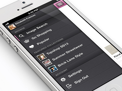Chicly Side Menu app camera colour ios iphone app lens navigation side menu ui user interface
