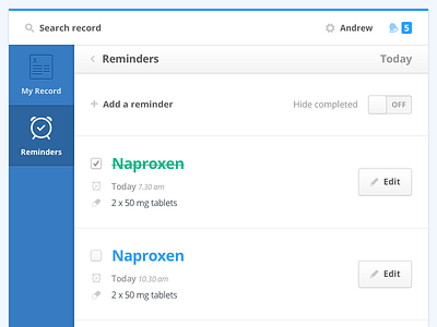'Reminders' Tablet View health medical sidebar tablet ui user interface