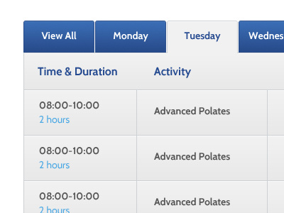 Table / Timetable activities table tabs timetable