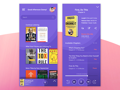 Audio book app concept audio audio book audio player purple social ui