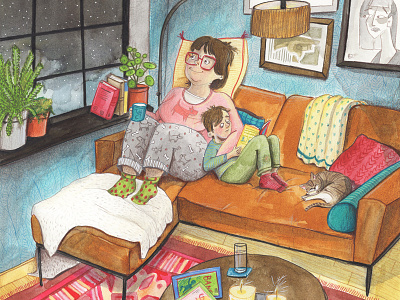 Cozy evening of reading blissful bonding bondingtime colourpencil cozy cuddling ecoline illustration mother mother and son reading son