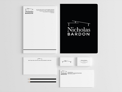 Stationary Design Mockup: Nicholas Bardon brand identity brand identity design branding design font logo house house icon house logo logo logo design mid century mid century modern mid mod minimal branding real estate real estate agent real estate branding real estate logo