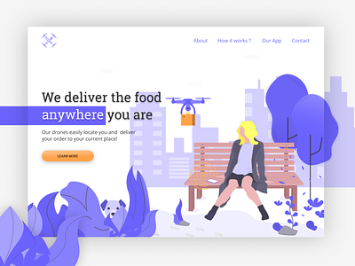 Food delivery by drone bench blonde city delivery dog drone fly food food app food delivery girl illustraion package parcel park plants town trees ui woman