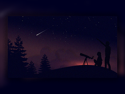 Watching Night Sky boy clouds girl hill illustration meteorite night pines sky stars sunrise sunset telescope trees